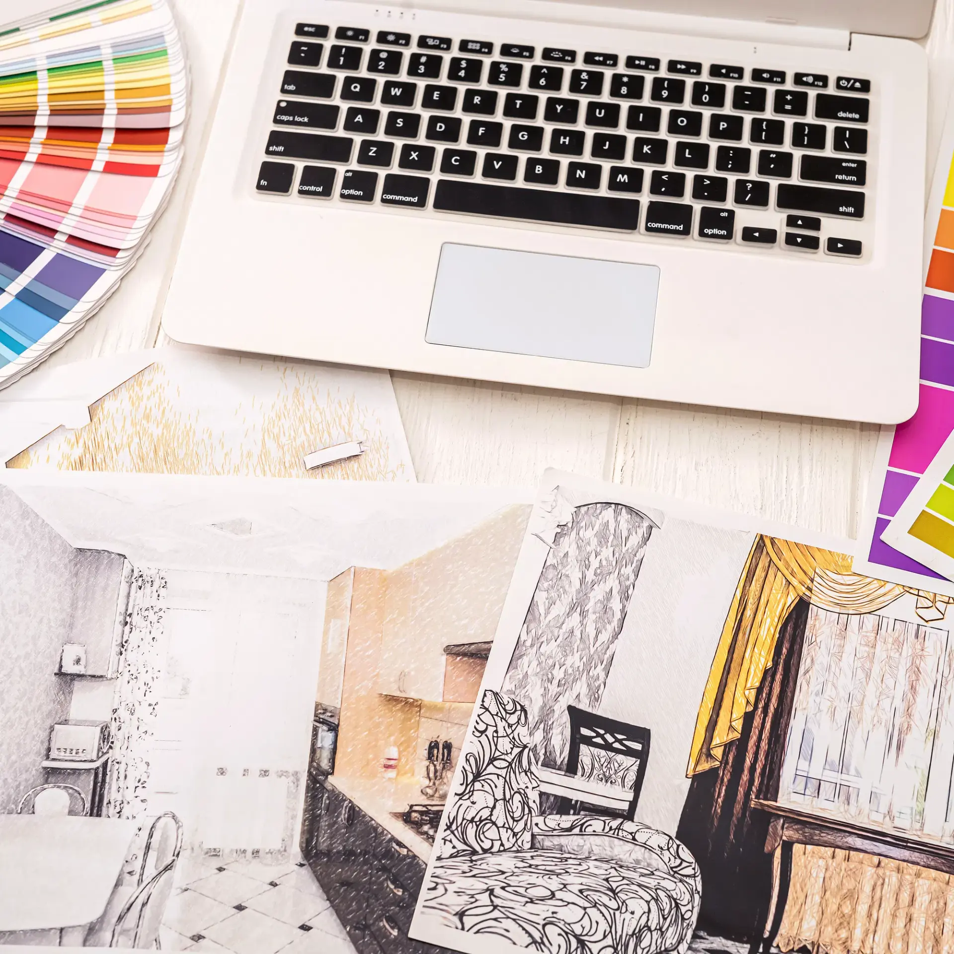Design planning materials including color swatches and sketches