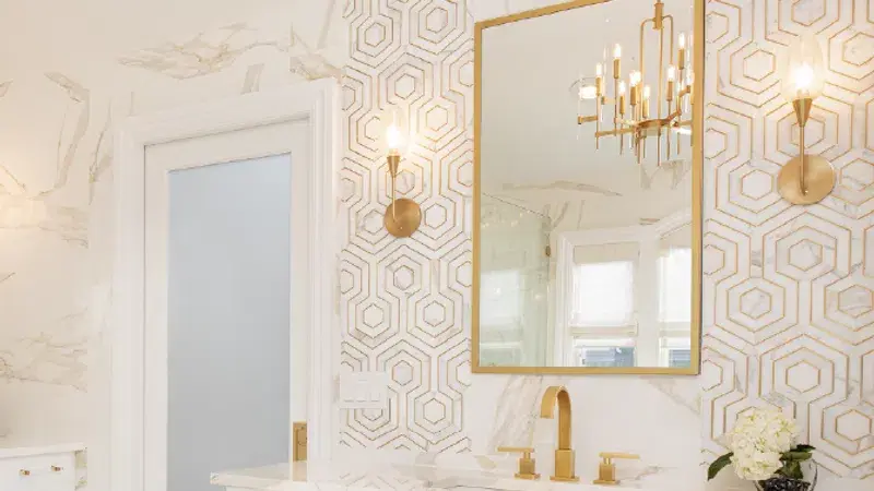 a bathroom with a large mirror