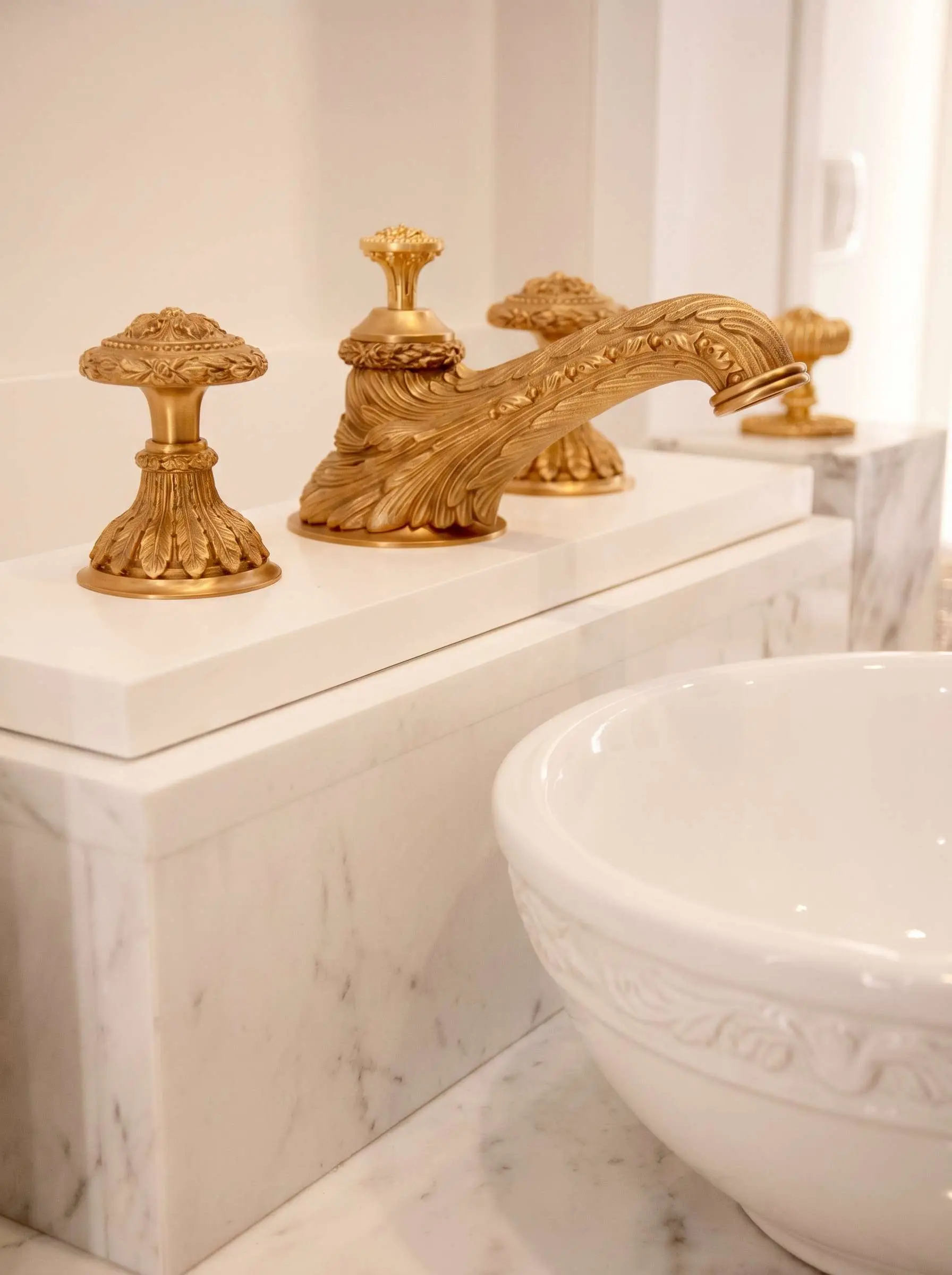 Ornate hand-carved 24-karat gold Sherle Wagner faucet and fittings on a white marble bathroom vanity.