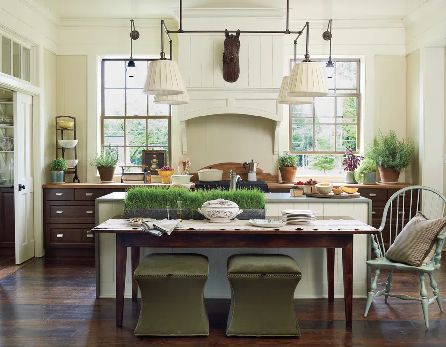 Bright modern kitchen with wooden floors, green plants, pendant lights, and a farmhouse dining table with seating.