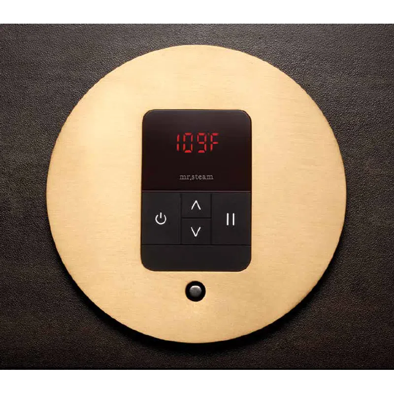 Temperature control panel displaying 109°F on a circular gold plate with black buttons and LED screen.